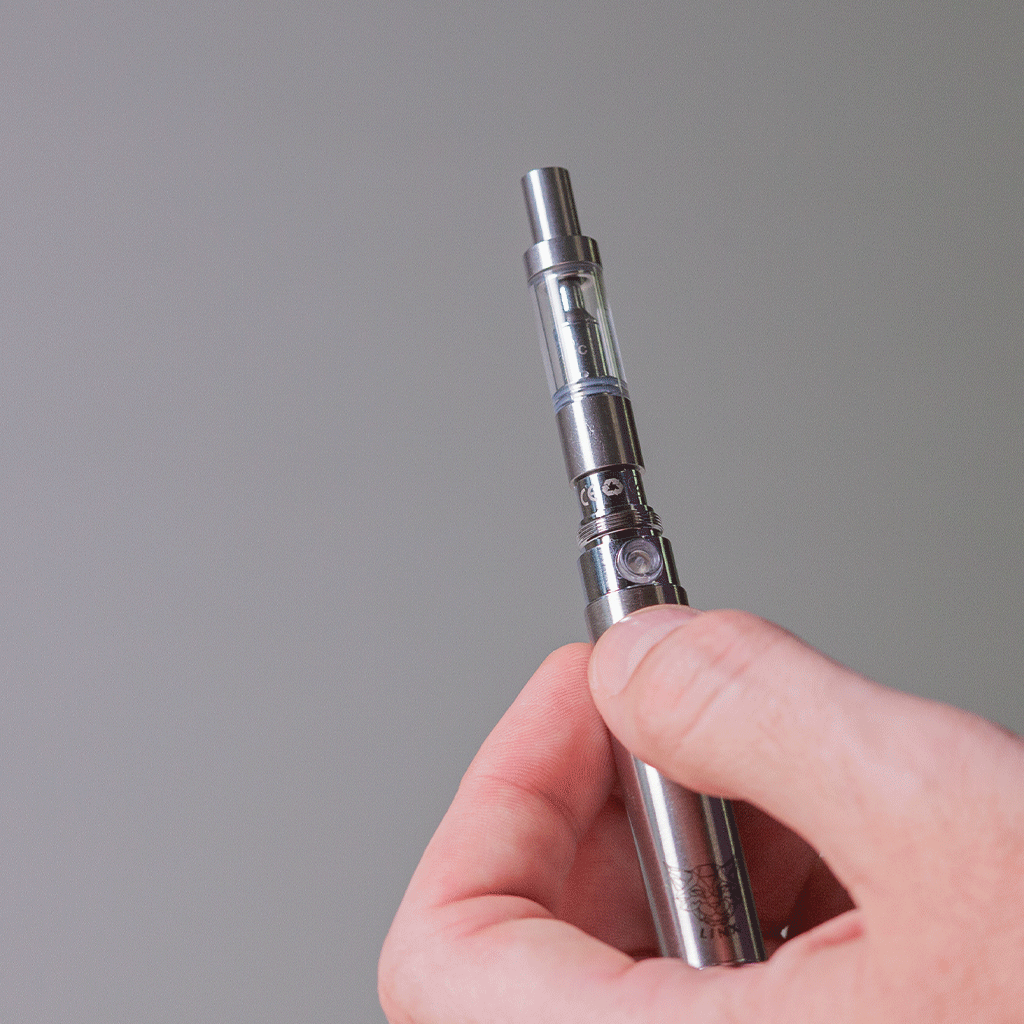 Linx 510 Vape Battery, with Vape Pen Battery Cartridge Cover being placed on Battery by hand on grey background